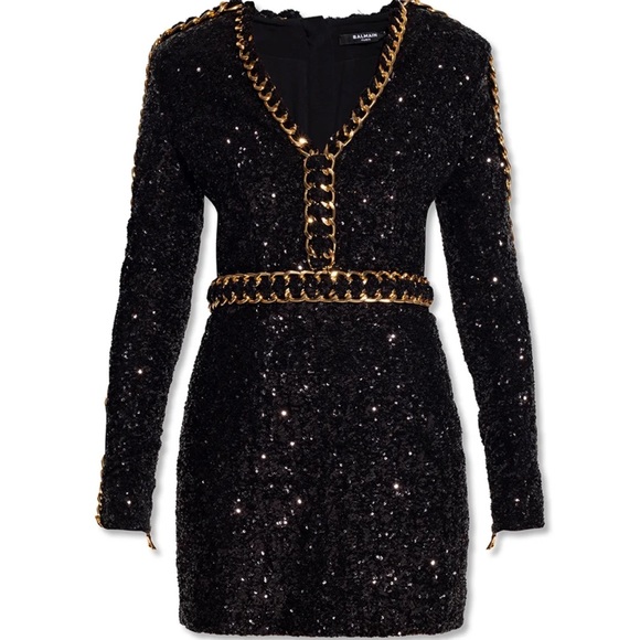 Balmain Dresses & Skirts - Balmain V-Neck Chain-Trimmed Sequin Dress
